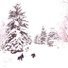 Two dark-colored border collies walking through a snowy landscape with large snow-covered evergreen trees in the background